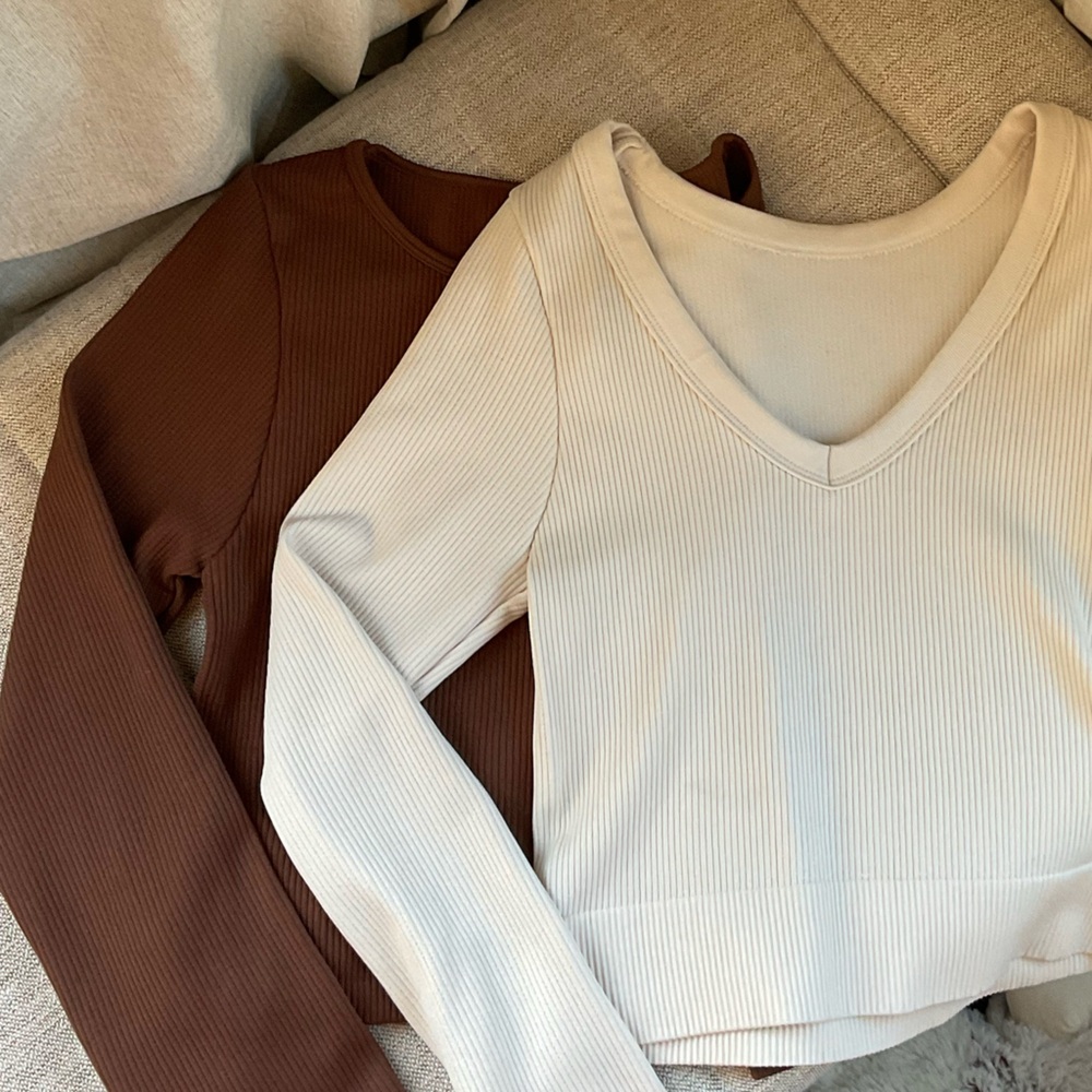 Cream and Brown Long Sleeve Ribbed Crop Tops